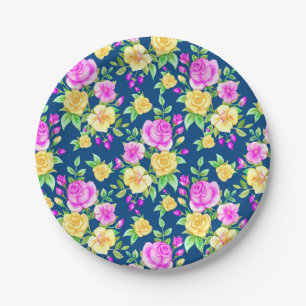 Prato De Papel Elegante Rosa Bege Amarelo Padrão Floral Rosa