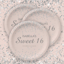 Elegante Rosa Bege Brilho Prata Nome Sweet 16 