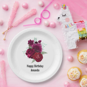 Prato De Papel Elegante Rosa Floral Buquê Magenta Aniversário