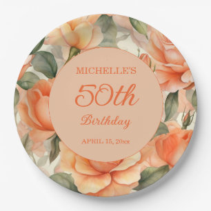 Prato De Papel Elegante Rosa Laranja Floral Rosas 50º Aniversário