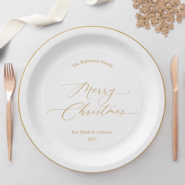 Prato De Papel Elegante Rótulo Dourado “Feliz Natal” (Criador carregado)