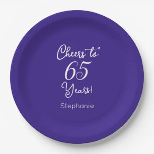 Prato De Papel Elegante Roxo Cheers para 65 anos 65 anos aniversá