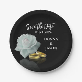 Prato De Papel Elegante Salve a Data White Rose Dourada Rings Scr