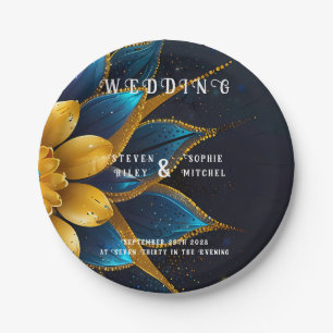 Prato De Papel Elegante Sapphire e Dourada Casamento Floral