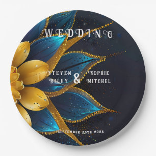 Prato De Papel Elegante Sapphire e Dourada Casamento Floral