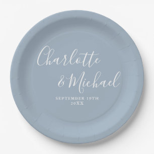 Prato De Papel Elegante Script Casamento Azul Poeirento Assinatur