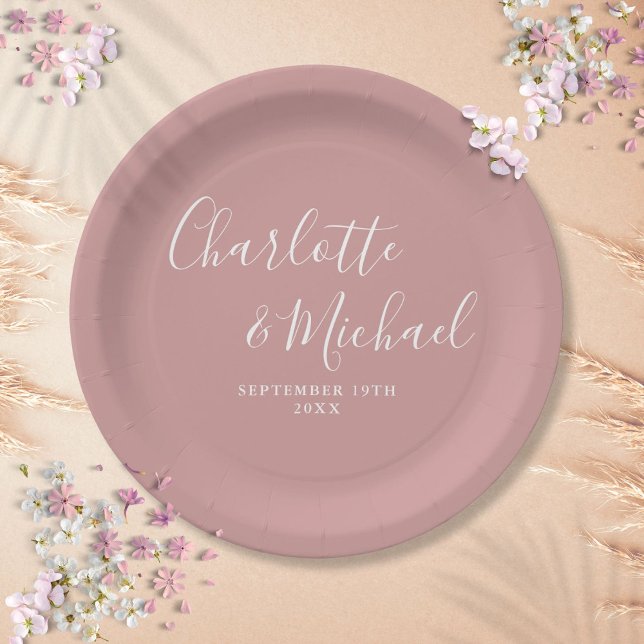 Prato De Papel Elegante Script Casamento Rosa Empoeirado Assinatu (Elegant Signature Script Dusty Rose Wedding Paper Plates)