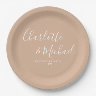 Prato De Papel Elegante Script Taupe Bege Casamento