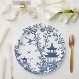 Prato De Papel Elegante simples Flor Azul Branca estilo chinesice