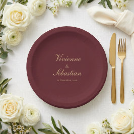 Prato De Papel Elegante Simples Script Burgundy Minimalista Casam