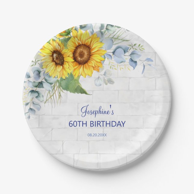 Prato De Papel Elegante Sunflower Wall Brick Floral Birday (Frente)