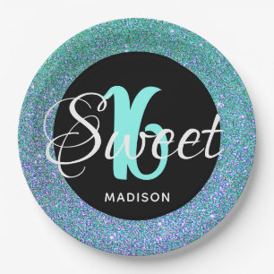 Prato De Papel Elegante Sweet 16 Aqua Blue Glitter Personalizado