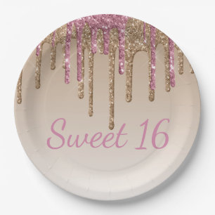 Prato De Papel Elegante Sweet 16 Dourado Glitter Script Ombré