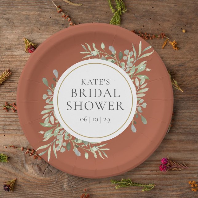 Prato De Papel Elegante Terracotta Dourada Greenery Chá de panela (Elegant Terracotta Gold Greenery Bridal Shower Paper Plates)