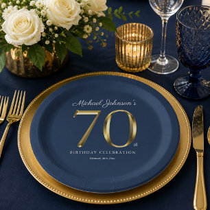 Prato De Papel Elegante Texto em Ouro Sólido Azul Marinho Anivers