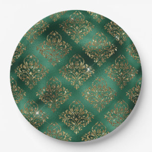 Prato De Papel Elegante Verde & Dourado Falso Natal Vintage