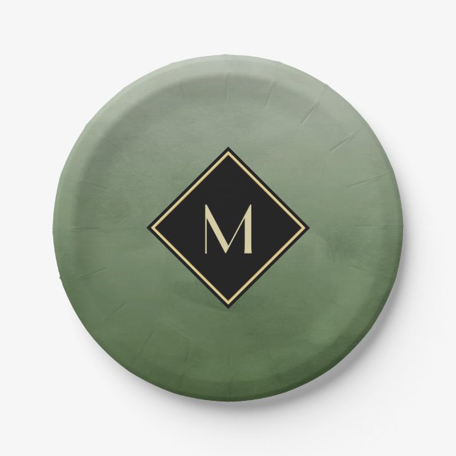 Prato De Papel Elegante Verde Esmagado Com Simples Monograma Dour (Frente)
