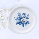 Prato De Papel Elegante Vintage Rosas Azuis China<br><div class="desc">Elegante e romântica chinesa,  rosas de vinheta azul da china e folhagem em fundo branco limpo.</div>