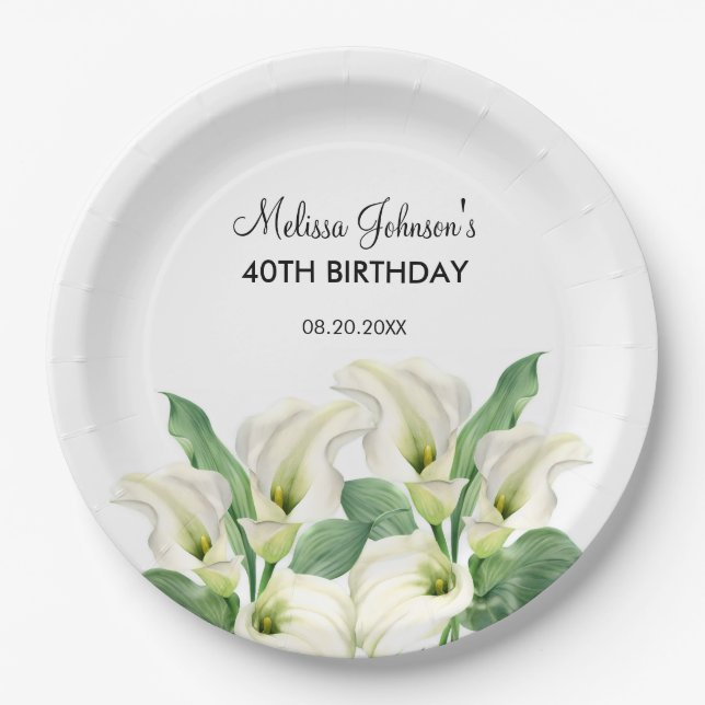 Prato De Papel Elegante White Calla Lily Floral Birthday (Frente)