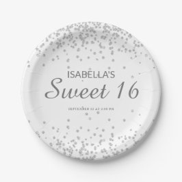 Prato De Papel Elegante White Silver Glitter Sweet 16 Name