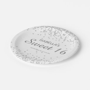 Prato De Papel Elegante White Silver Glitter Sweet 16 Name