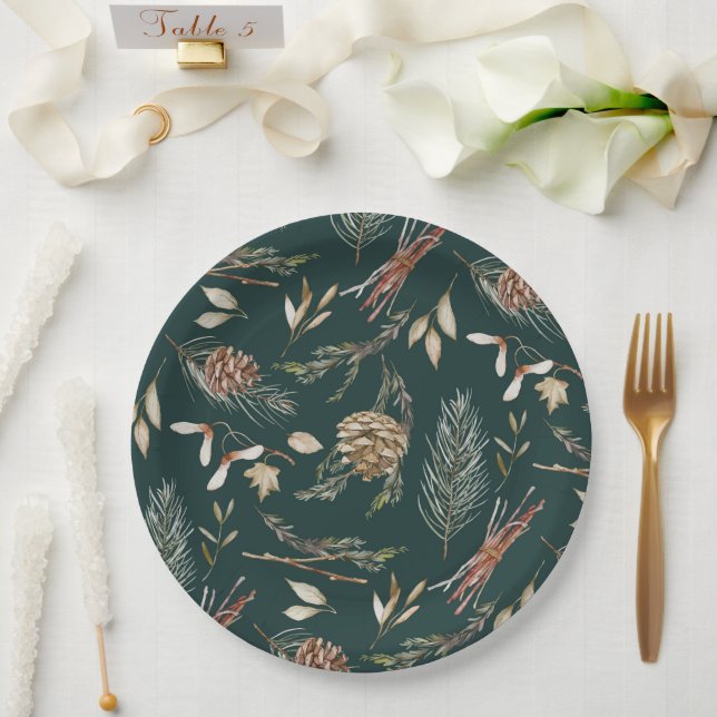 Prato De Papel Elegante Winter Pinecones e Evergreen (Casamento)
