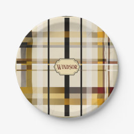 Prato De Papel Elegante Xadrez Moderno Bege e Dourado