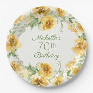 Prato De Papel Elegante Yellow Watercolor Floral 70 Birthday P
