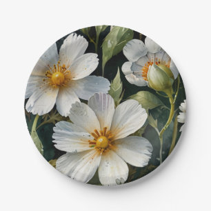 Prato De Papel Elegantes Lindas Flores Brancas Aquarela Chic