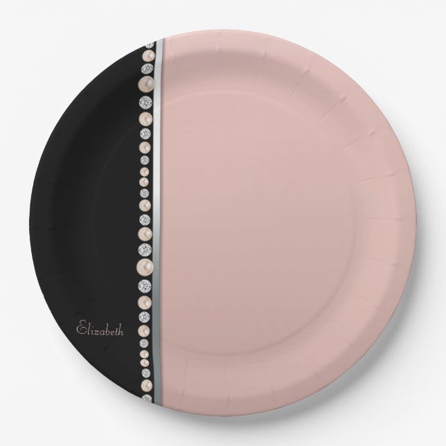 Prato De Papel Elegantes Pérolas Diamantes Preto Rosa com Estilo (Frente)