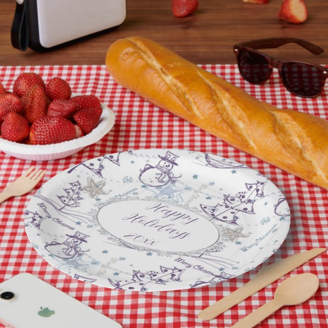 Prato De Papel Elemento de Natal Snowman Sketch (Piquenique)