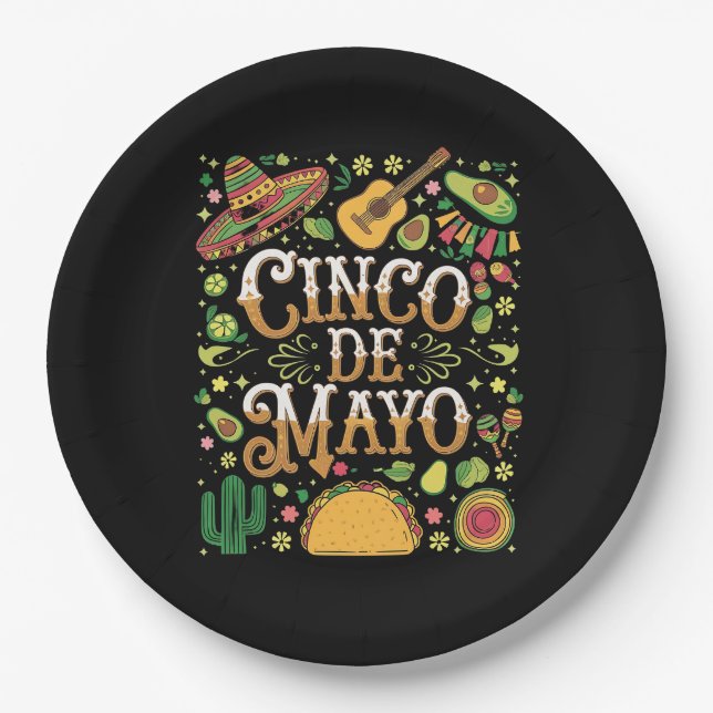 Prato De Papel Elementos de Festa Divertidos do Cinco De Mayo (Frente)