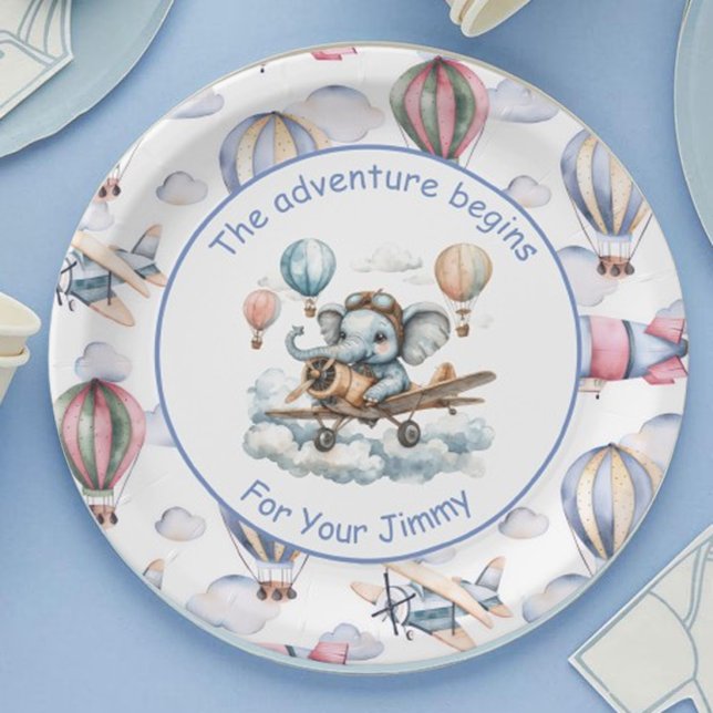 Prato De Papel Elephant Aviator Baby Shower Paper Plates  (Criador carregado)