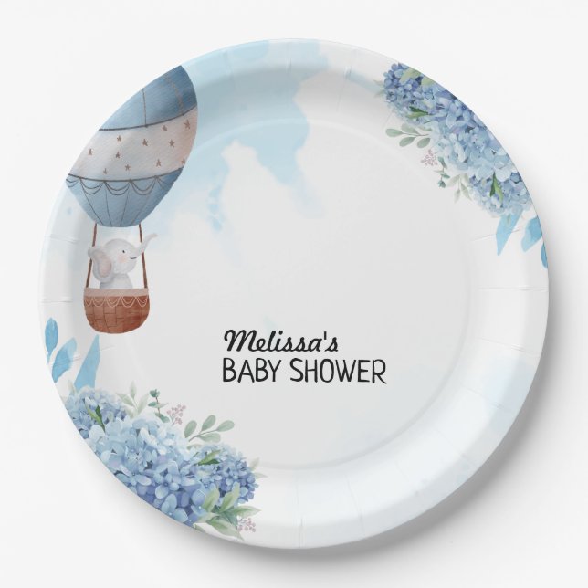 Prato De Papel Elephant hot air balloon blue hydrangea custom (Frente)