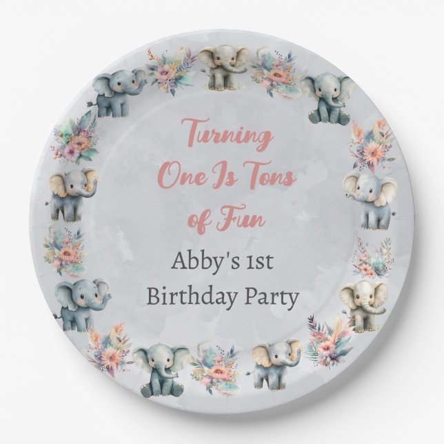 Prato De Papel Elephants & Boho Jungle Flowers no Aniversário da  (Frente)