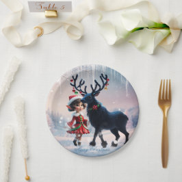 Prato De Papel Elfo de Natal bonito e renas escuras.