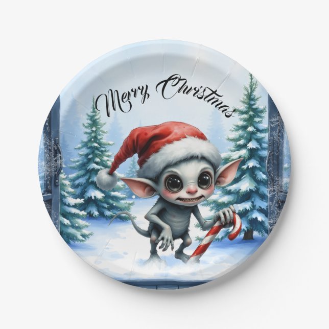 Prato De Papel Elfo de Natal com Candy Cane. (Frente)