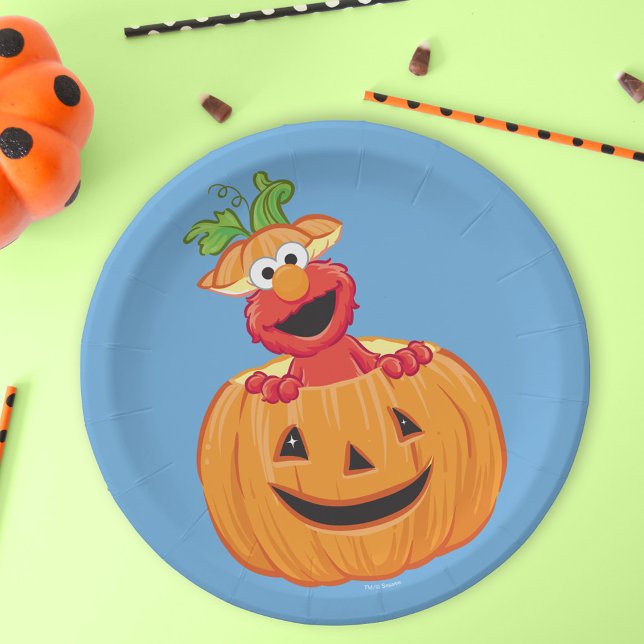 Prato De Papel Elmo | Halloween Jack-O-Lanterna (Plate on table)