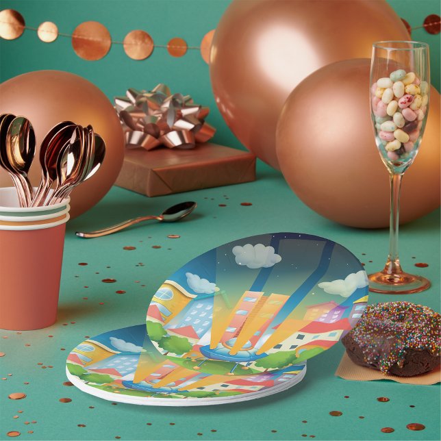 Prato De Papel Embarcação Espacial Nas Placas De Papel Da Cidade (Criador carregado)