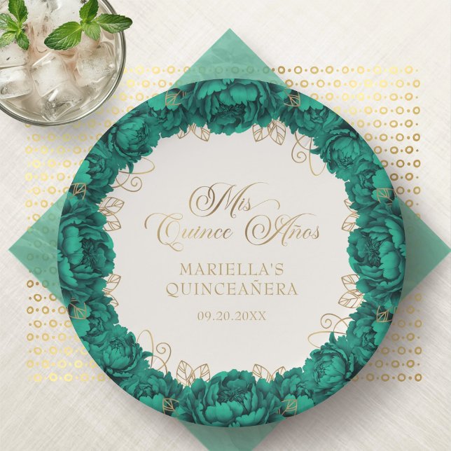 Prato De Papel Emerald Green Floral Quinceanera (Criador carregado)