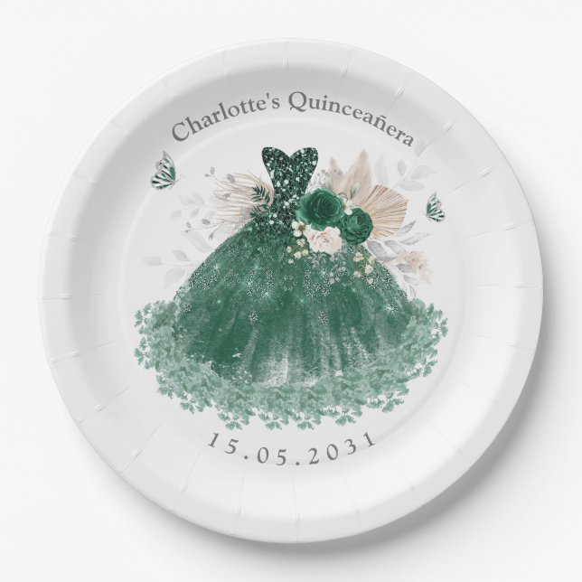 Prato De Papel Emerald Green Silver Quinceanera Princess (Frente)