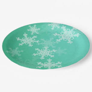 Prato De Papel Emerald White Snowflakes Nome de Natal Minimalista