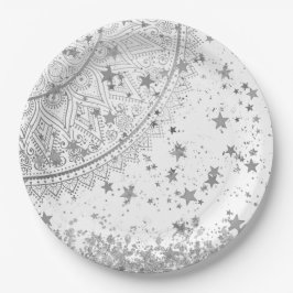 Prato De Papel Encantando Mandala com Estrelas de Prata em Branco