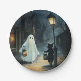 Prato De Papel Encontro de Ghost e Gato do Halloween