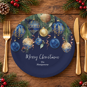Prato De Papel Enfeites de Natal em Dourado e Azul Chic
