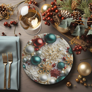 Prato De Papel Enfeites de natal Pérolas Douradas Miçangas Vermel