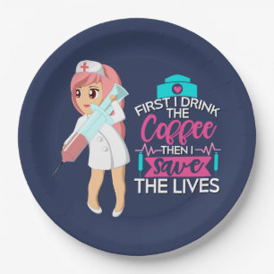 Prato De Papel Enfermeira Engraçada Dizendo com Grande Agulha hip