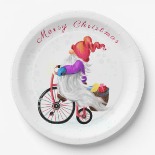 Prato De Papel Engraçado Gnomo com Bicicleta e presentes no Nata