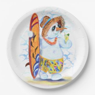 Prato De Papel Engraçado Summer Snowman Surfer bebe coquetel fre