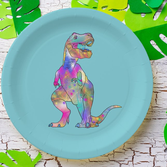 Prato De Papel Engraçado T Rex Psychedelic Dinossauro Colorido (T-Rex dinosaur fun colorful psychedelic dino party paper plate)